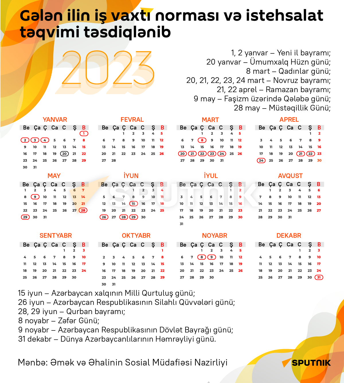 Azərbaycanda 2023cü il üçün bayram təqvimi 05.01.2023, Sputnik