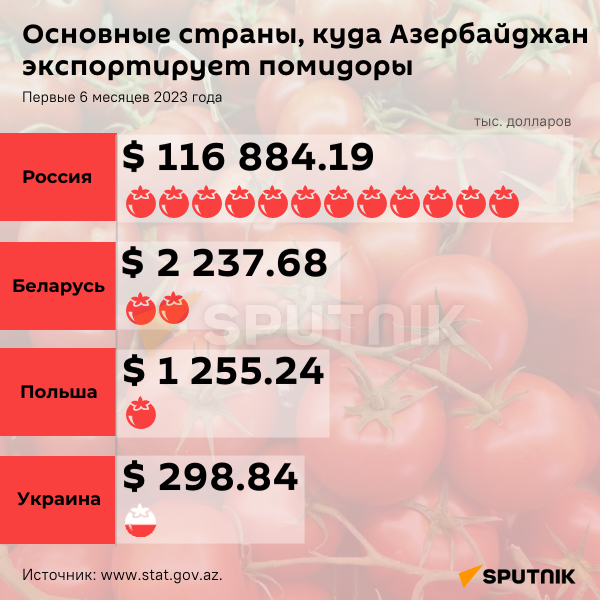 Инфографика: Основные страны, куда Азербайджан экспортирует помидоры - Sputnik Азербайджан