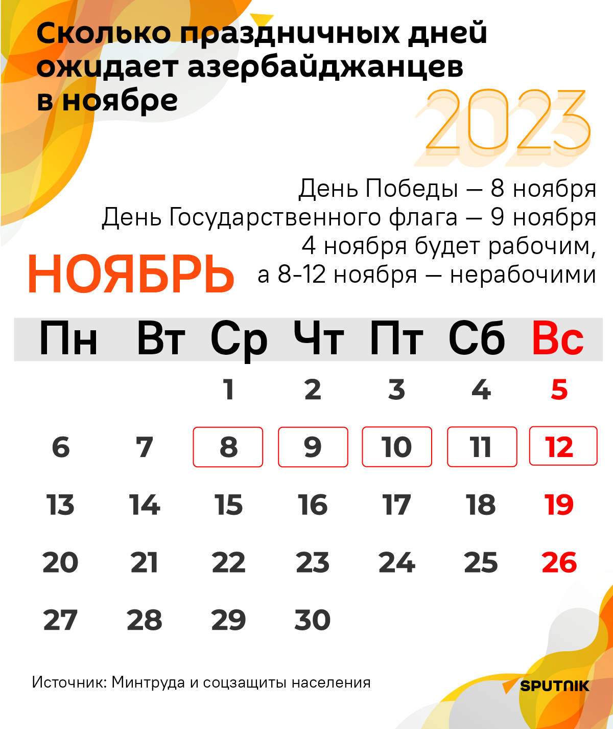 Инфографика: Сколько праздничных дней  ожидает азербайджанцев в ноябре - Sputnik Азербайджан
