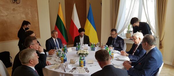 Глава МИД Литвы Линас Линкявичюс на встрече с польским и украинским коллегами в Люблино, 28 июля 2020 года Глава МИД Литвы Линас Линкявичюс на встрече с польским и украинским коллегами в Люблино, 28 июля 2020 года - Sputnik Азербайджан