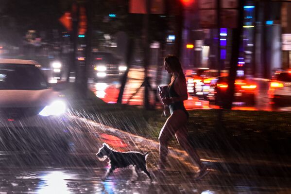 Женщина с собакой под сильным дождем в Майами-Бич, США  - Sputnik Азербайджан