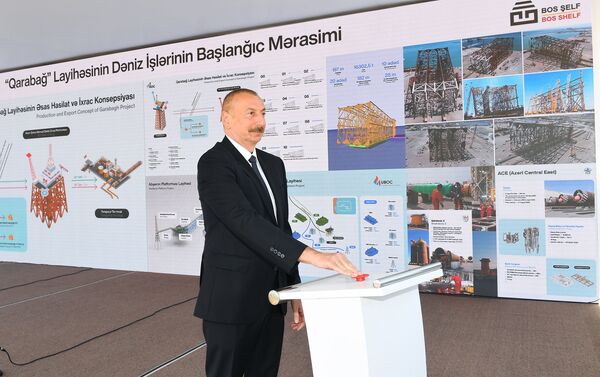Президент Ильхам Алиев на церемонии отправки в море опорного блока месторождения Карабах - Sputnik Азербайджан