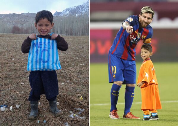 Комбо-фото афганского мальчика Муртаза Ахмади и Лионеля Месси - Sputnik Азербайджан