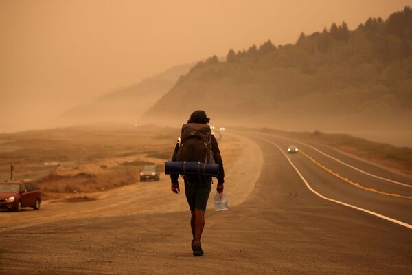Мужчина на шоссе у Тихого океана, Калифорния - Sputnik Азербайджан