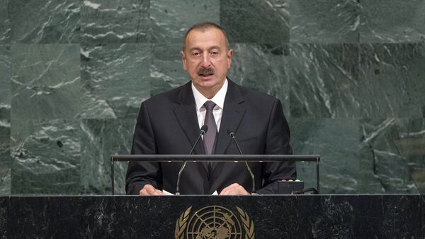 Azərbaycan prezidenti İlham Əliyevin BMT Baş Assambleyasının 72-ci sessiyasında çıxışı zamanı, arxiv şəkli - Sputnik Azərbaycan