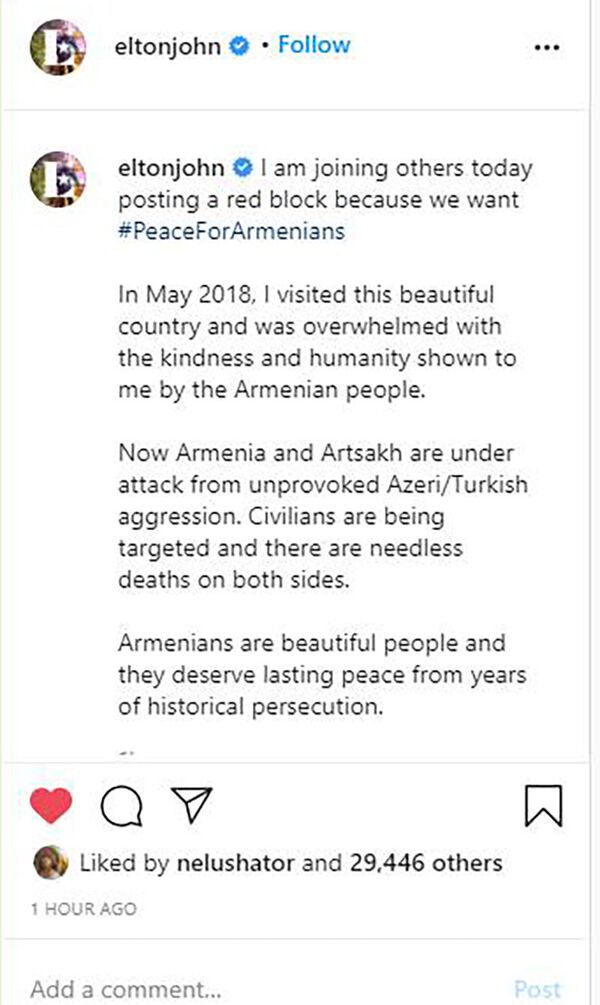 Элтон Джон удалил публикацию в Instagram в поддержку Армении Элтон Джон удалил публикацию в Instagram в поддержку Армении - Sputnik Азербайджан