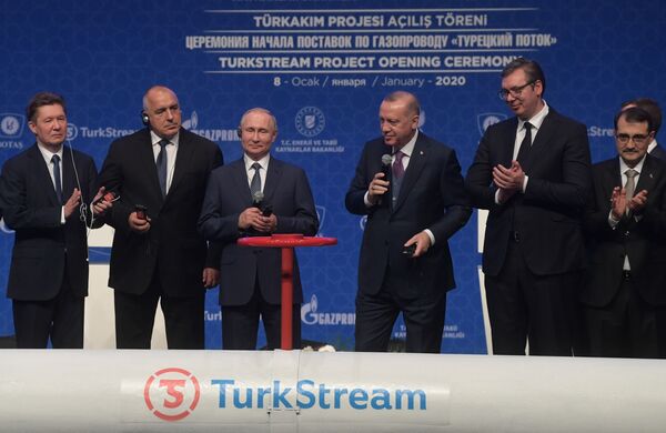 Президент России Владимир Путин и президент Турции Реджеп Тайип Эрдоган на церемонии официального открытия газопровода Турецкий поток в Стамбуле - Sputnik Азербайджан