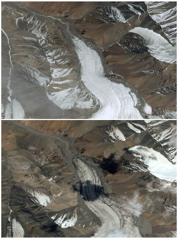 Комбо спутниковых снимков ледника Лаохугоу № 12 в горах Цилянь, провинция Ганьсу, Китай - Sputnik Азербайджан
