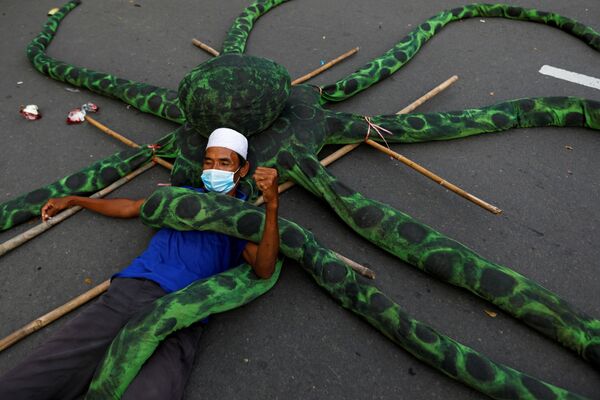 Рыбак в защитной маске лежит на искусственном осьминоге во время акции протеста в Джакарте, Индонезия - Sputnik Азербайджан