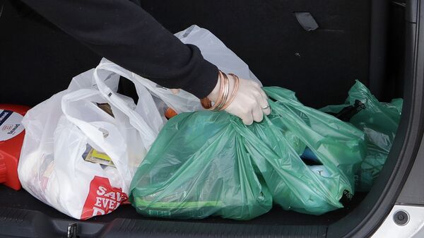Покупательница кладет в багаж машины товары в пластиковых пакетах, фото из архива - Sputnik Азербайджан