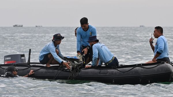 Водолазы ВМС Индонезии собирают обломки рейса Sriwijaya Air SJY182 во время поисково-спасательной операции в море недалеко от острова Ланканг  - Sputnik Азербайджан