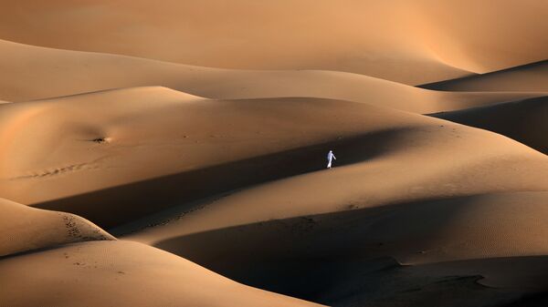 Человек в песчаных дюнах в пустыне Лива, ОАЭ - Sputnik Азербайджан