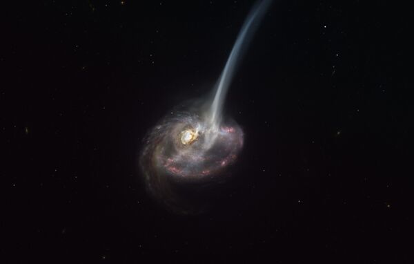 Художественное изображение галактики ID2299 и газа, выброшенного «приливным хвостом» в результате слияния - Sputnik Азербайджан