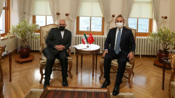 Министр иностранных дел Турции Мевлут Чавушоглу встречается со своим иранским коллегой Джавадом Зарифом в Стамбуле, Турция, 29 января 2021 года - Sputnik Azərbaycan