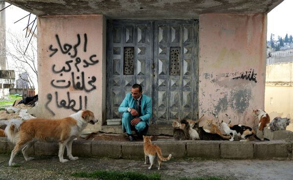Мужчина играет со своими собакой и кошками возле своего дома в Аммане, Иордания - Sputnik Азербайджан