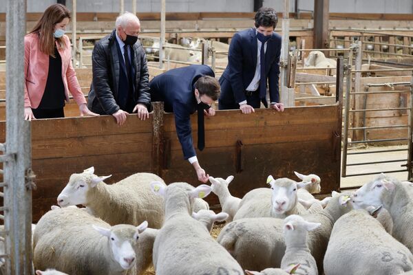 Президент Франции Эммануэль Макрон во время посещения фермы La Ferme d'Etaules - Sputnik Азербайджан