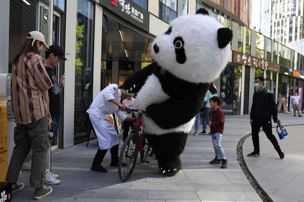 Человек в костюме панды у велосипеда в Пекине  - Sputnik Azərbaycan