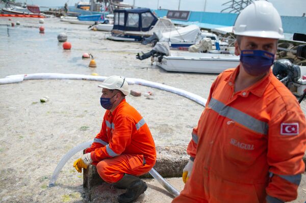 Рабочие во время очистки моря от слизи в Турции  - Sputnik Азербайджан