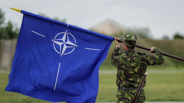 Мужчина с флагом НАТО, фото из архива - Sputnik Азербайджан