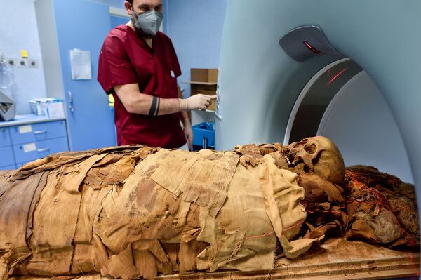 Ученый во время сканирования египетской мумии в Милане  - Sputnik Azərbaycan