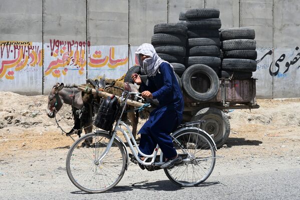 Молодой человек едет на велосипеде рядом с упряжью ослов, груженных шинами, в Кабуле. - Sputnik Азербайджан
