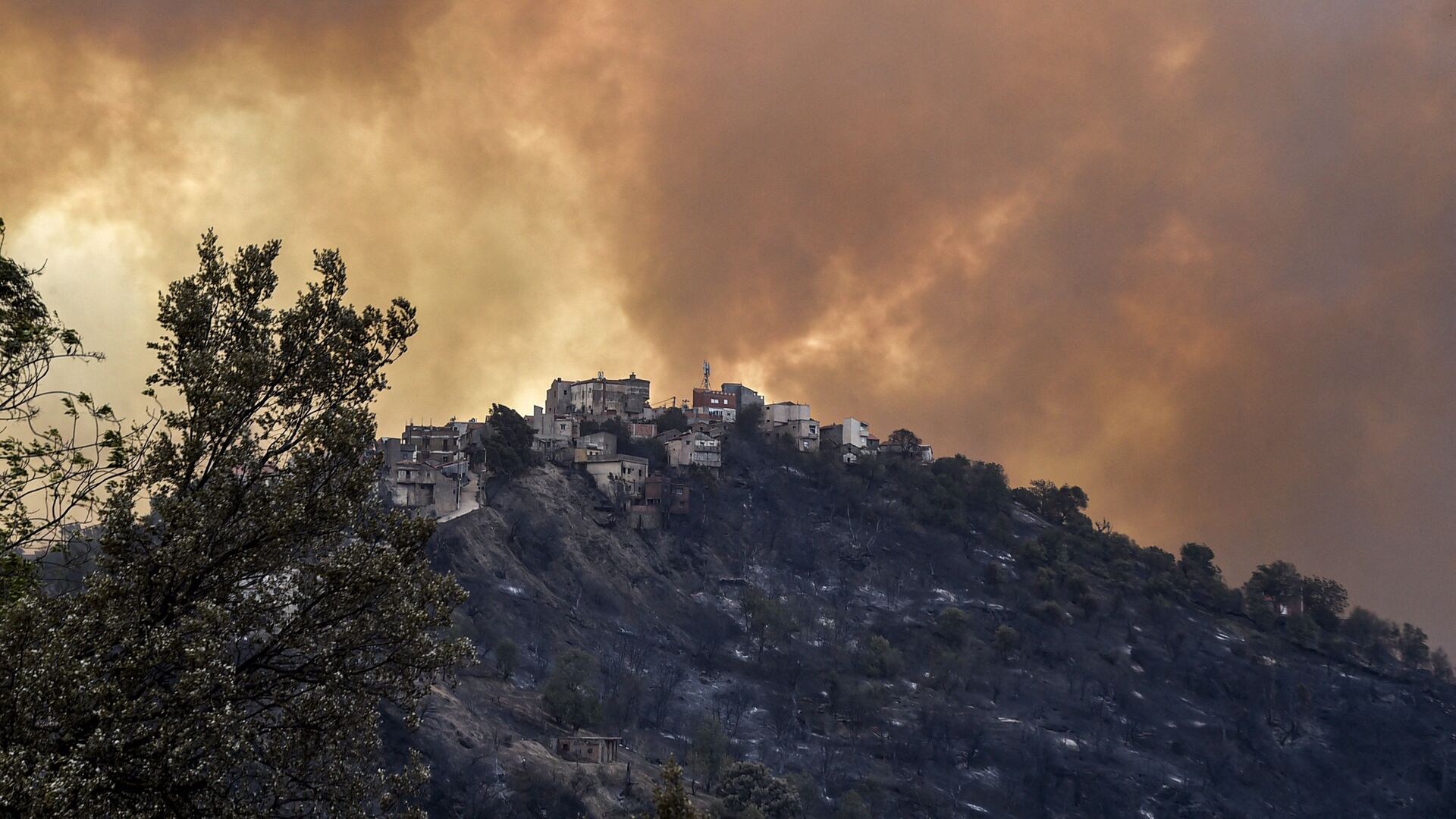 Дым от лесного пожара поднимается на холмах региона Кабилии, Алжир - Sputnik Азербайджан, 1920, 11.08.2021