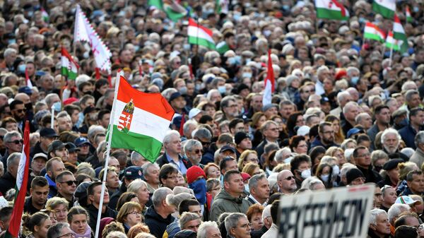 Люди на митинге премьер-министра Виктора Орбана - Sputnik Азербайджан