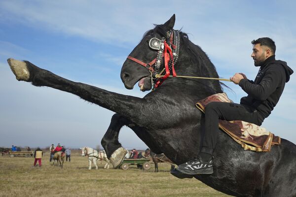 Rumıniyanın Pietrosani kəndində Rəbbin vəftizi bayramı zamanı at üzərində atlı. - Sputnik Azərbaycan