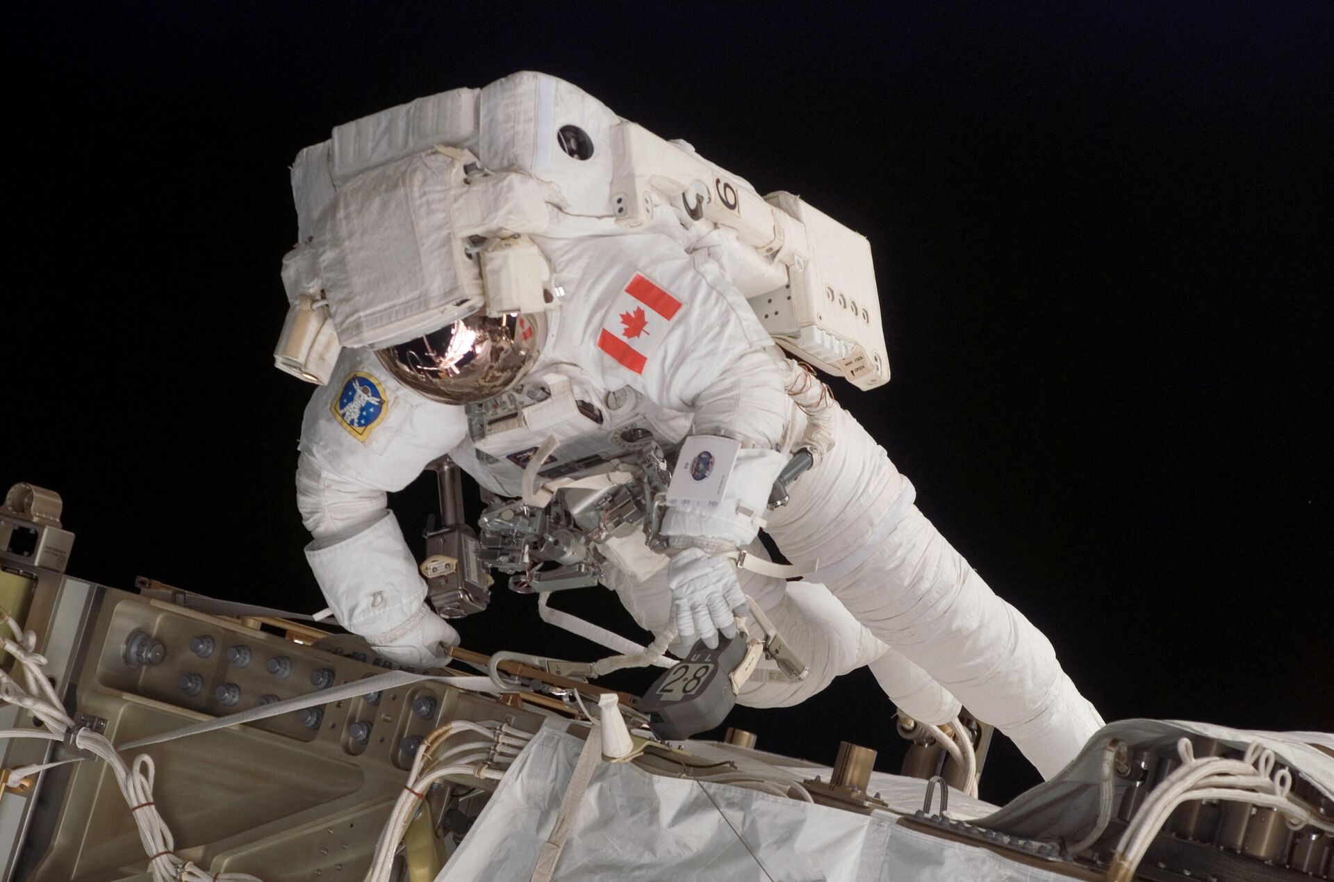 Астронавт Дэйв Уильямс во время сеанса выхода в открытый космос, когда строилась Международная космическая станция, 11 августа 2007 год - Sputnik Azərbaycan, 1920, 02.06.2024