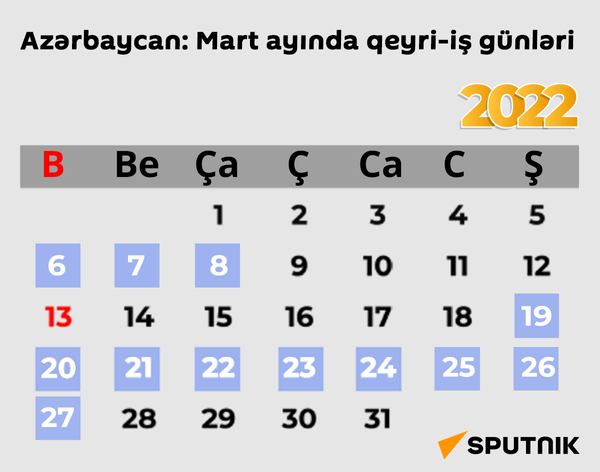 İnfoqrafika: Mart ayında istirahət günləri - Sputnik Azərbaycan