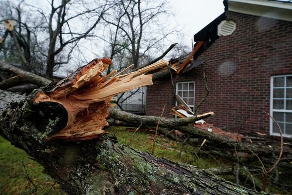 Сильный ветер повалил дерево на дом, в результате чего обрушилась часть крыши и наружной стены, Эдвардс, штат Миссисипи. - Sputnik Азербайджан