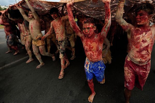 Коренные жители во время акции протеста против увеличения добычи полезных ископаемых в Бразилиа. - Sputnik Азербайджан