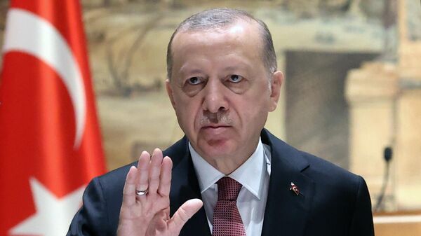Президент Турции Реджеп Тайип Эрдоган выступает на российско-украинских переговорах во дворце Долмабахче в Стамбуле.  - Sputnik Азербайджан