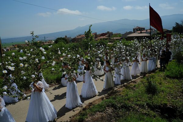 Девушки &quot;Las Doncellas&quot;, одетые в свадебные белые платья, в окружении цветов, принимают участие в паломничестве в Сорcано, Испания. - Sputnik Азербайджан