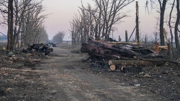 Уничтоженная украинская бронетехника на линии соприкосновения в поселке Степное Донецкой области - Sputnik Азербайджан