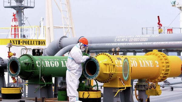 Сотрудник инспекции проверяет нефтяной танкер, перевозящий импортную сырую нефть - Sputnik Азербайджан