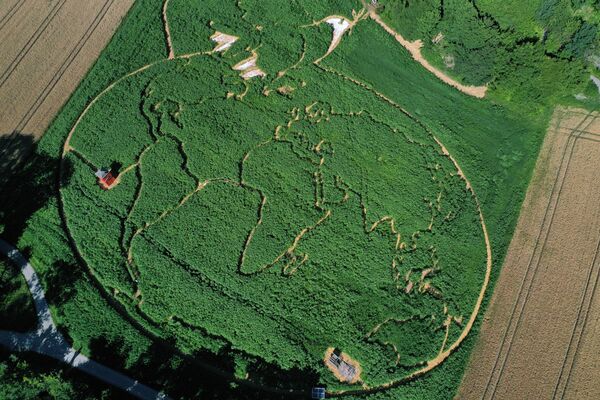Вид с воздуха части поля с изображением голубя мира Пабло Пикассо над картой мира, изображенной в Уттинг-ам-Аммерзее, Германия. - Sputnik Азербайджан