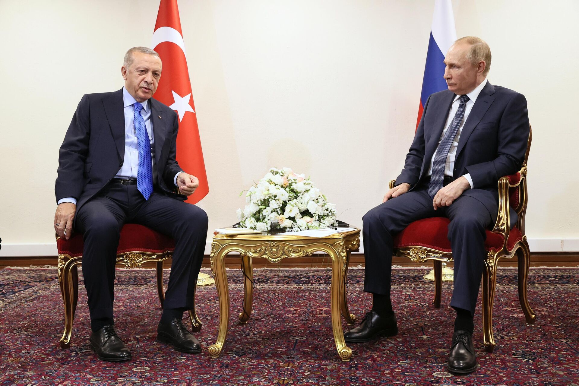 Президент РФ Владимир Путин и президент Турции Реджеп Тайип Эрдоган (слева) во время встречи - Sputnik Azərbaycan, 1920, 20.11.2023