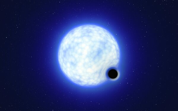 Художественное изображение двойной системы VFTS 243, состоящей из голубой звезды, масса которой в 25 раз превышает массу Солнца, и черной дыры. - Sputnik Азербайджан