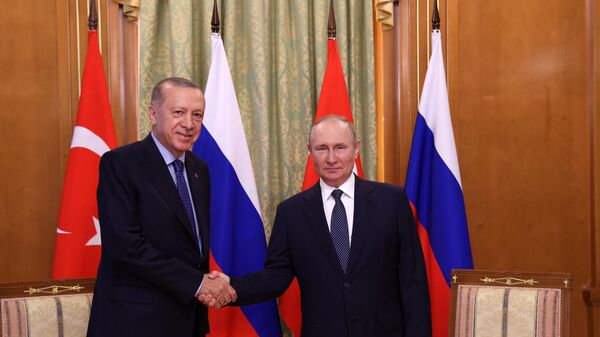 Президент РФ Владимир Путин и президент Турции Реджеп Тайип Эрдоган (слева) во время встречи - Sputnik Azərbaycan