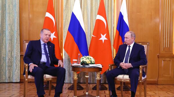 Президент РФ Владимир Путин и президент Турции Реджеп Тайип Эрдоган (слева) во время встречи - Sputnik Азербайджан