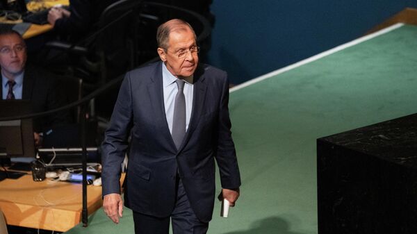 Rusiyanın xarici işlər naziri Sergey Lavrov BMT Baş Assambleyasının 77-ci sessiyasının iclasında, arxiv şəkli - Sputnik Azərbaycan