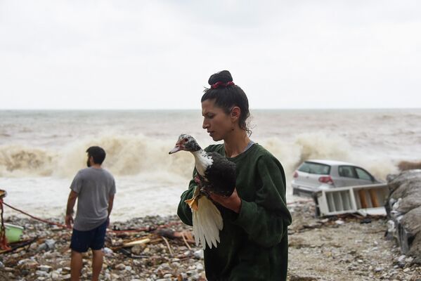 Женщина спасает птицу на пляже после грозы и ливней на острове Крит, Греция. - Sputnik Азербайджан