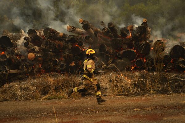 Пожарный бежит тушить пламя в Санта-Хуане, Чили. - Sputnik Азербайджан