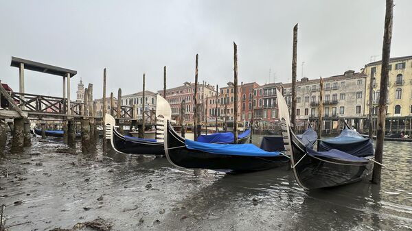 Venesiya şəhərində suyun çəkilməsi zamanı kanal boyunca bağlanmış qayıqlar. - Sputnik Azərbaycan
