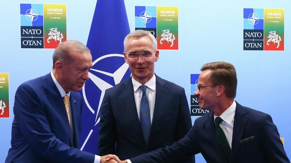 Йенс Столтенберг с Реджепом Тайипом Эрдоганом и премьер-министром Швеции Ульфом Кристерссоном - Sputnik Азербайджан