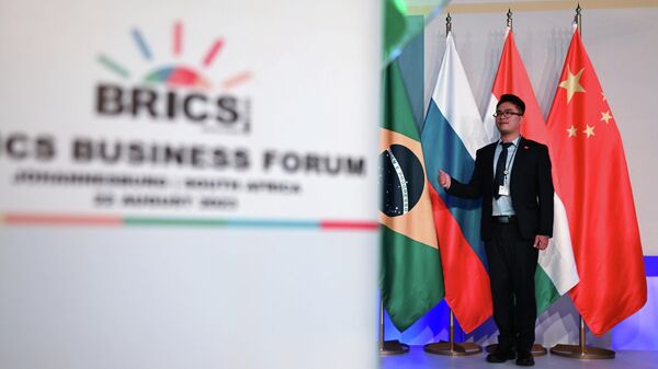 Участник бизнес-форума фотографируется у флагов стран-участниц БРИКС в Йоханнесбурге - Sputnik Азербайджан
