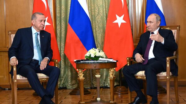 Президент РФ Владимир Путин и президент Турецкой Республики Реджеп Тайип Эрдоган (слева) во время встречи - Sputnik Азербайджан