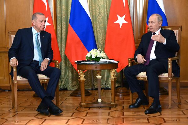 Rusiya Prezidenti Vladimir Putin və Türkiyə Respublikasının Prezidenti Rəcəb Tayyib Ərdoğan görüş zamanı. - Sputnik Azərbaycan