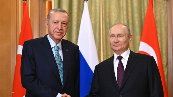 Президент РФ Владимир Путин и президент Турецкой Республики Реджеп Тайип Эрдоган (слева) во время встречи - Sputnik Azərbaycan
